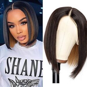 Brown Highlight Lace Front Wig Human Hair 13x6x1 Lace Front Bob Wig 12”